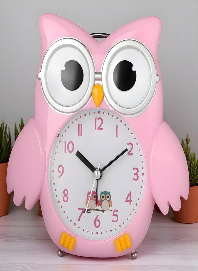 De'rons Twin Bell Analog Table Alarm Clock with Backlight for Heavy Sleepers Loud Alarm Clock for Students Funny Cute Owl Cartoon Shape Alarm Clock for Kids Girls Boys Bedroom 14.5 x 15 cm (Pink) - Image 1